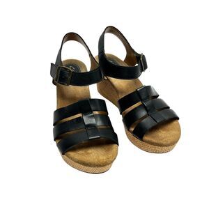 Clarks Artisan Platform Wedge Sandals Black Leather Strappy Women's Size 7M